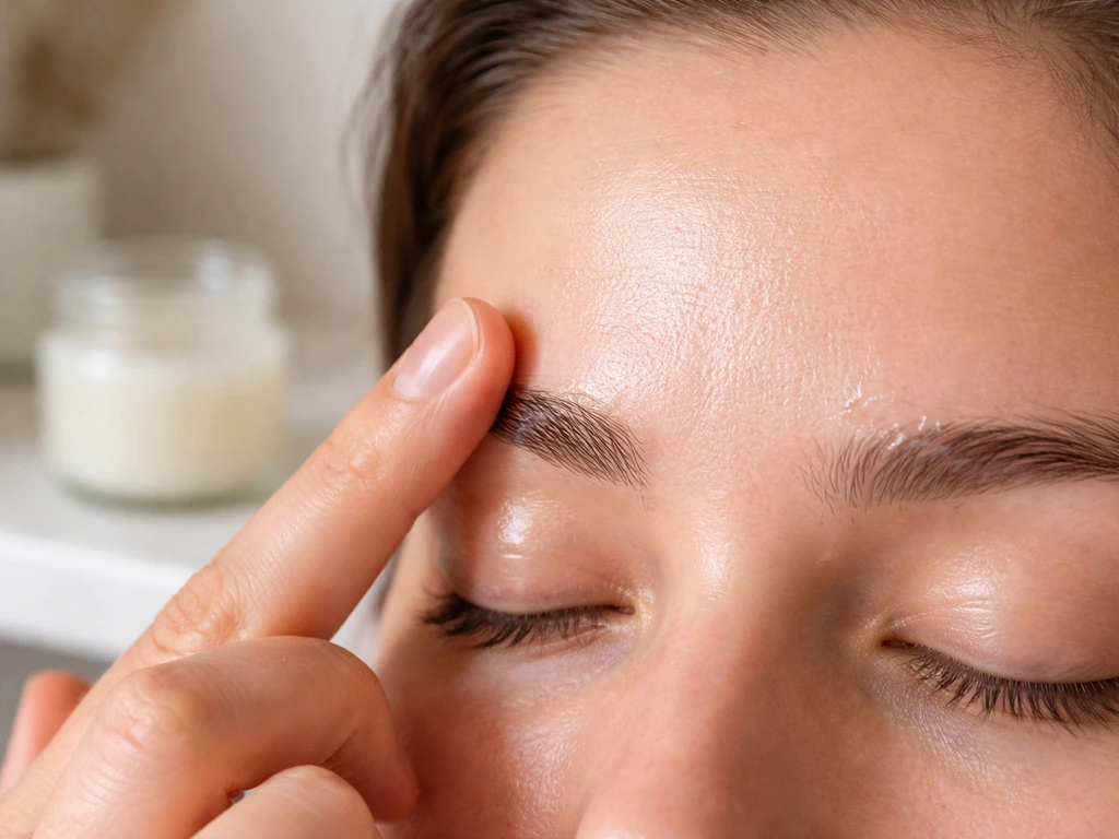 Person applying a tiny amount of petroleum jelly in a thin layer around their brows at night