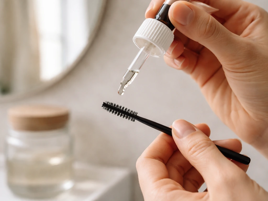 Minimal skincare scene with a fingertip applying thickening brow oil to a small brush near a mirror