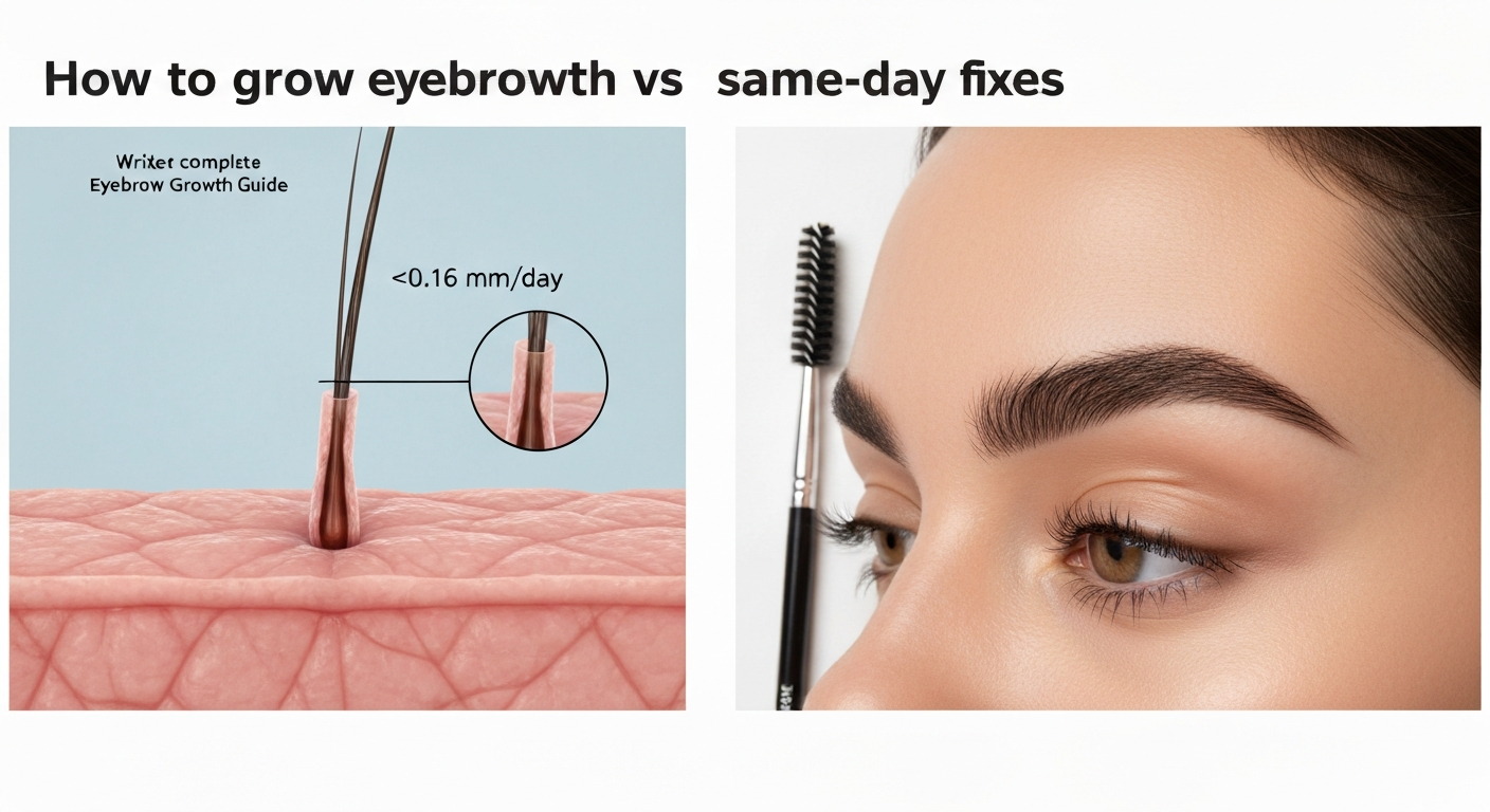 Split-image: magnified eyebrow hair growth measurement (tiny) on left and makeup-filled brows with tools on right.