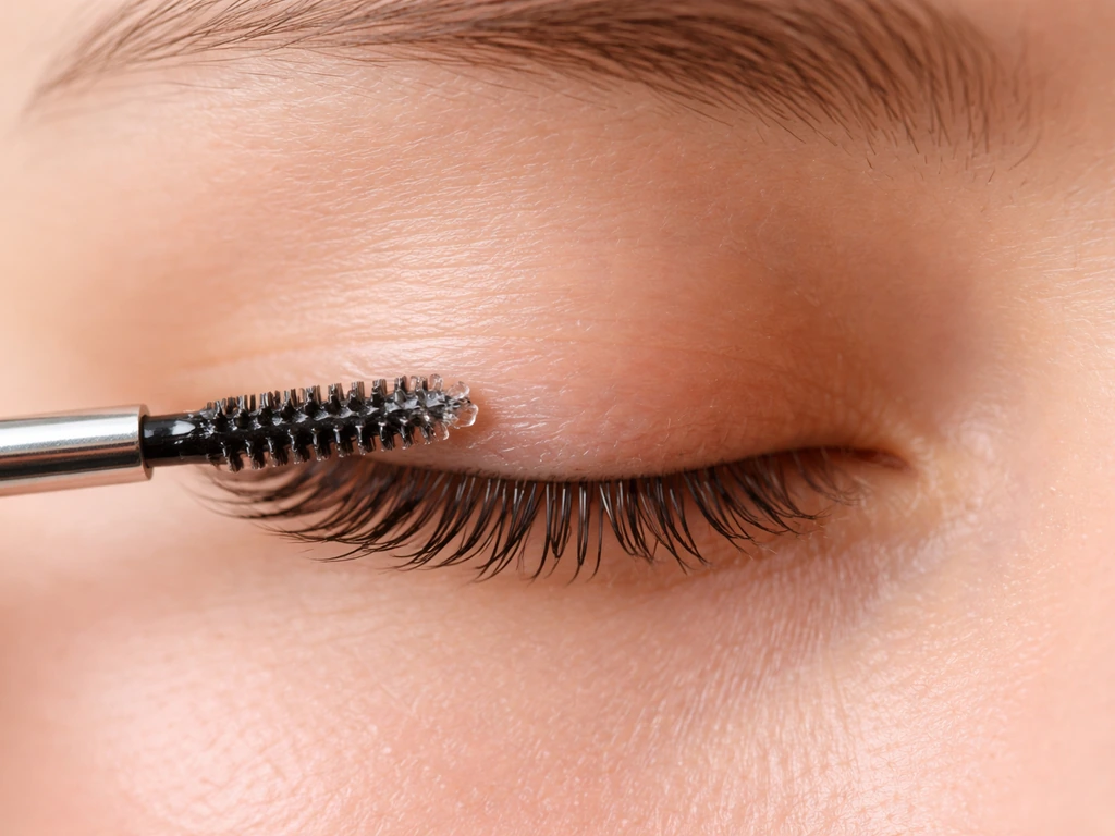 Close-up of a clean micro spoolie lightly applying petroleum jelly to upper eyelashes