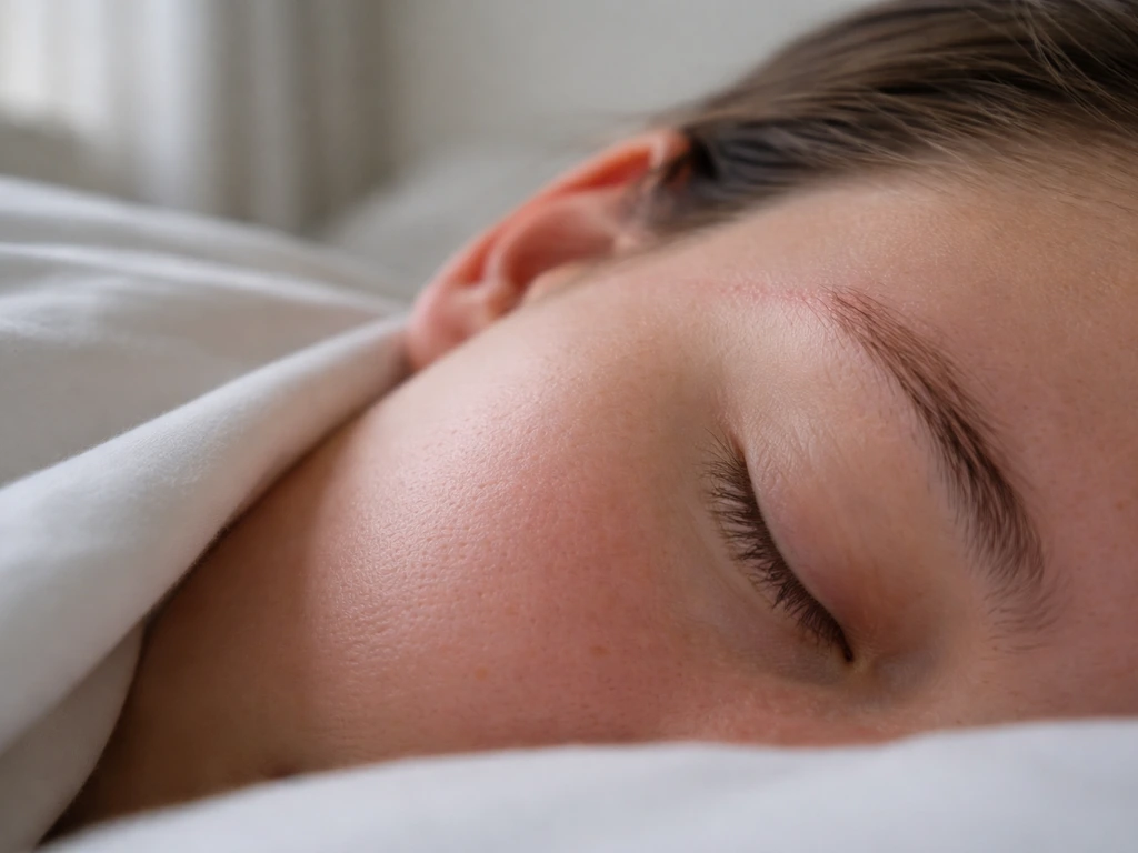 Side of a face pressed to a pillow with subtle friction redness near the outer eyebrow area.