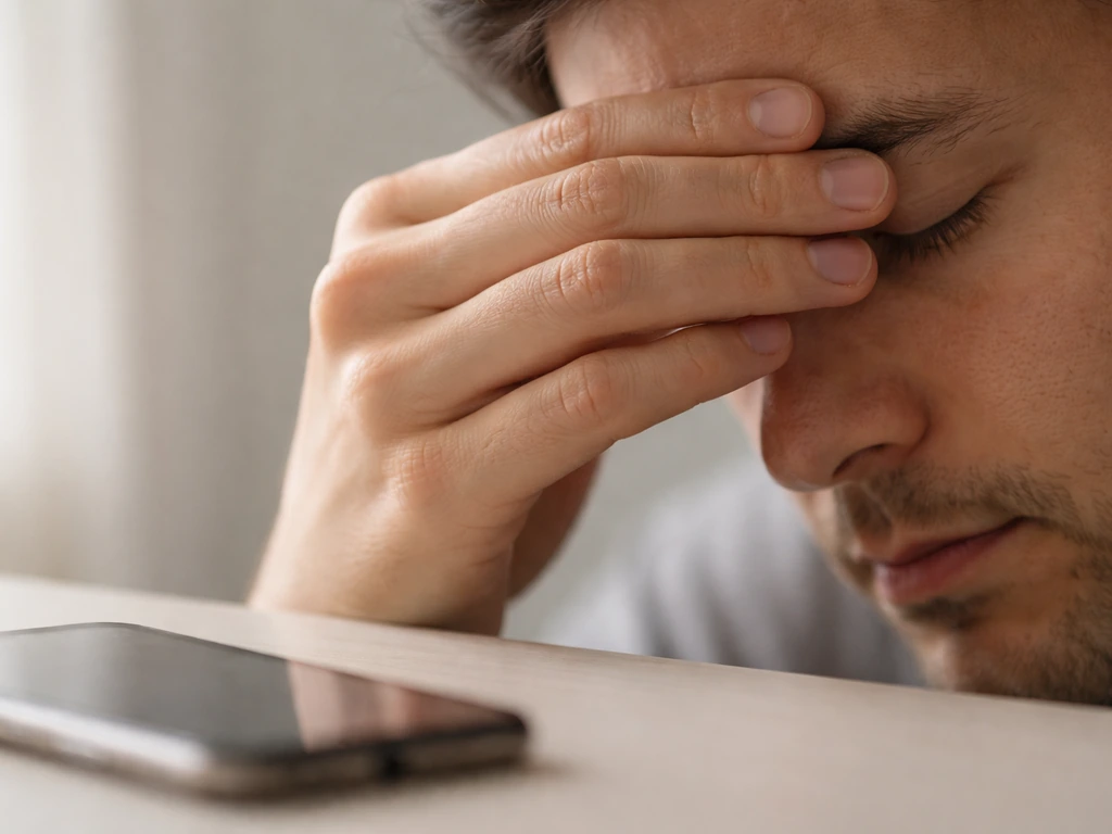 Close-up of one eyebrow area with a hand gently resting above it beside a desk phone setup.
