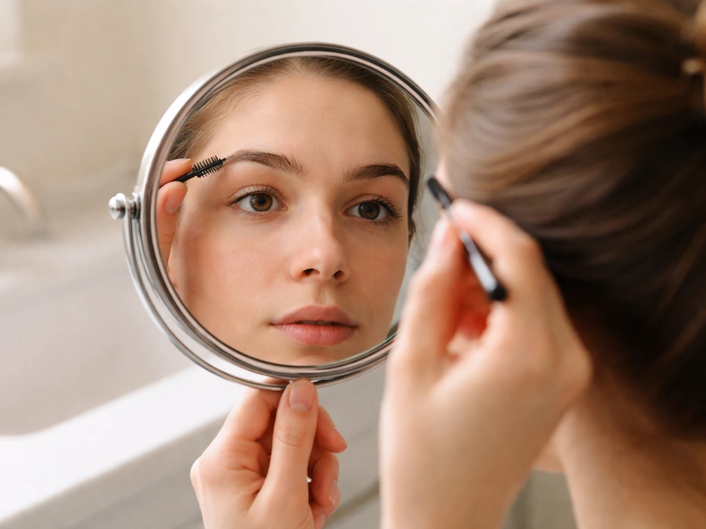Person at home using a bright magnifying mirror to compare and check both brows with a spoolie