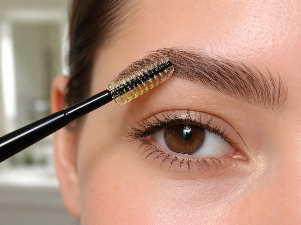 Close-up of a person applying castor or rosemary oil with a clean spoolie to one eyebrow