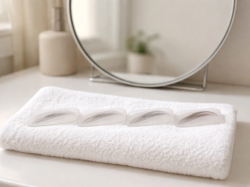Bathroom vanity mirror with four eyebrow-shaped silicone templates showing regrowth stages over 3–4 months.