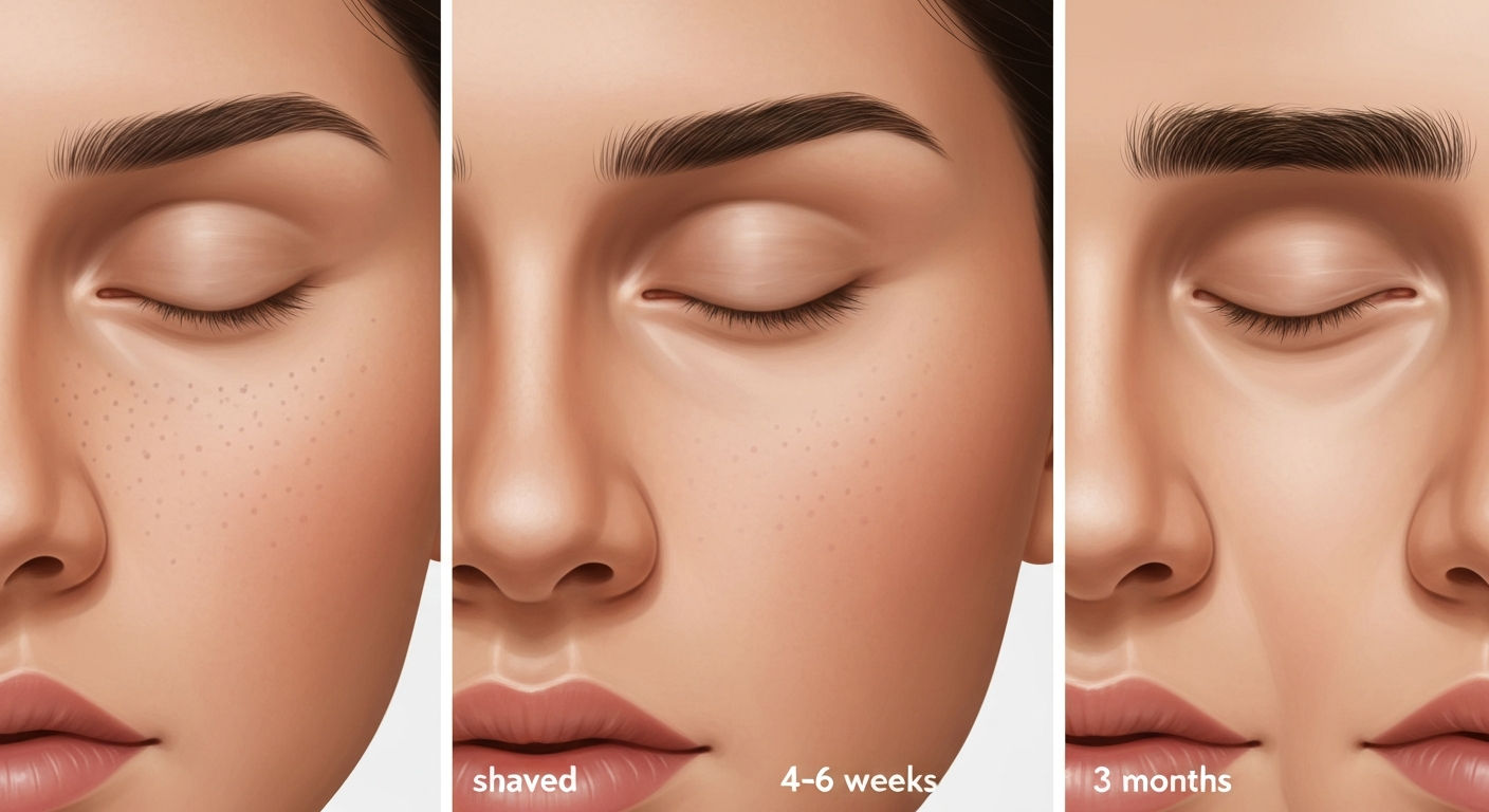 Three-panel illustration showing eyebrow regrowth: shaved, early regrowth, and full unibrow at three months.