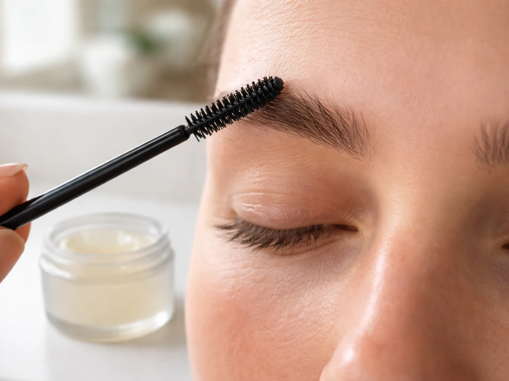 Close-up of patchy eyebrows being groomed with a spoolie next to a small Vaseline jar