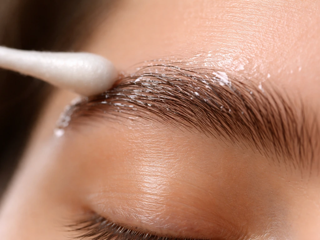 Macro close-up of Vaseline petrolatum smoothed over eyebrow hairs with a glossy protective sheen.