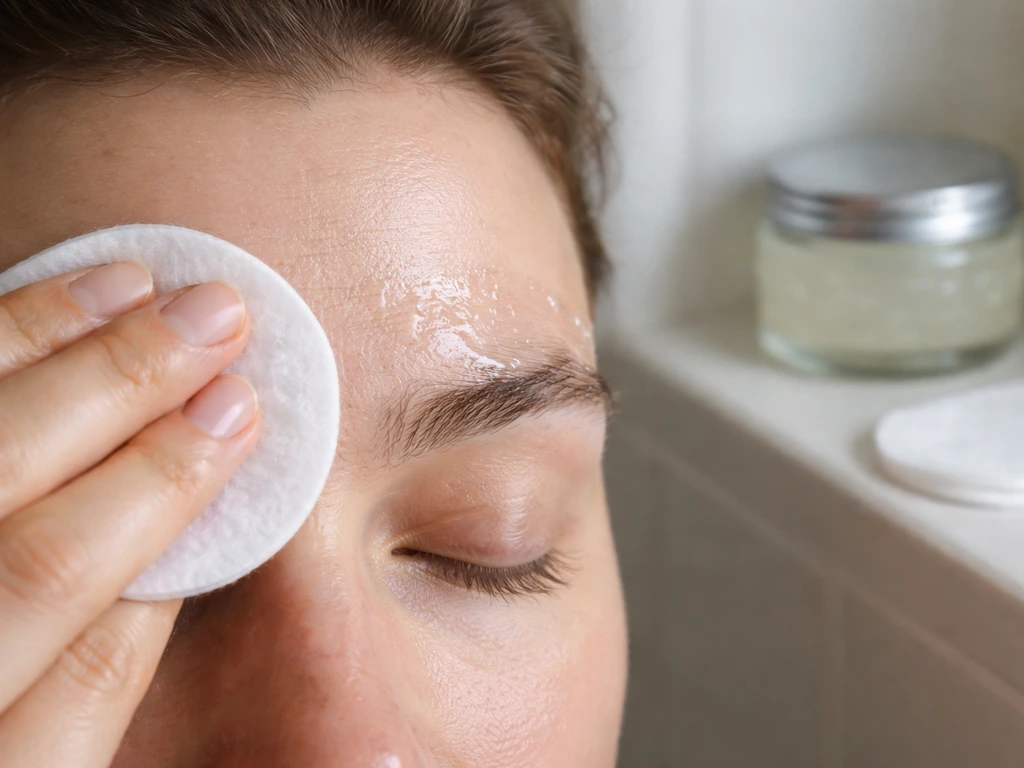 Close-up of hands cleansing near brows with slight petroleum jelly residue still visible.