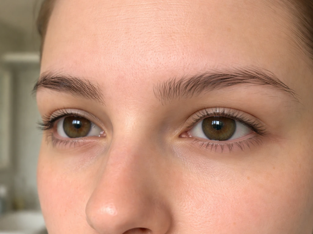 Close-up of an eye with subtly uneven, sparser eyebrow growth suggesting grooming damage.