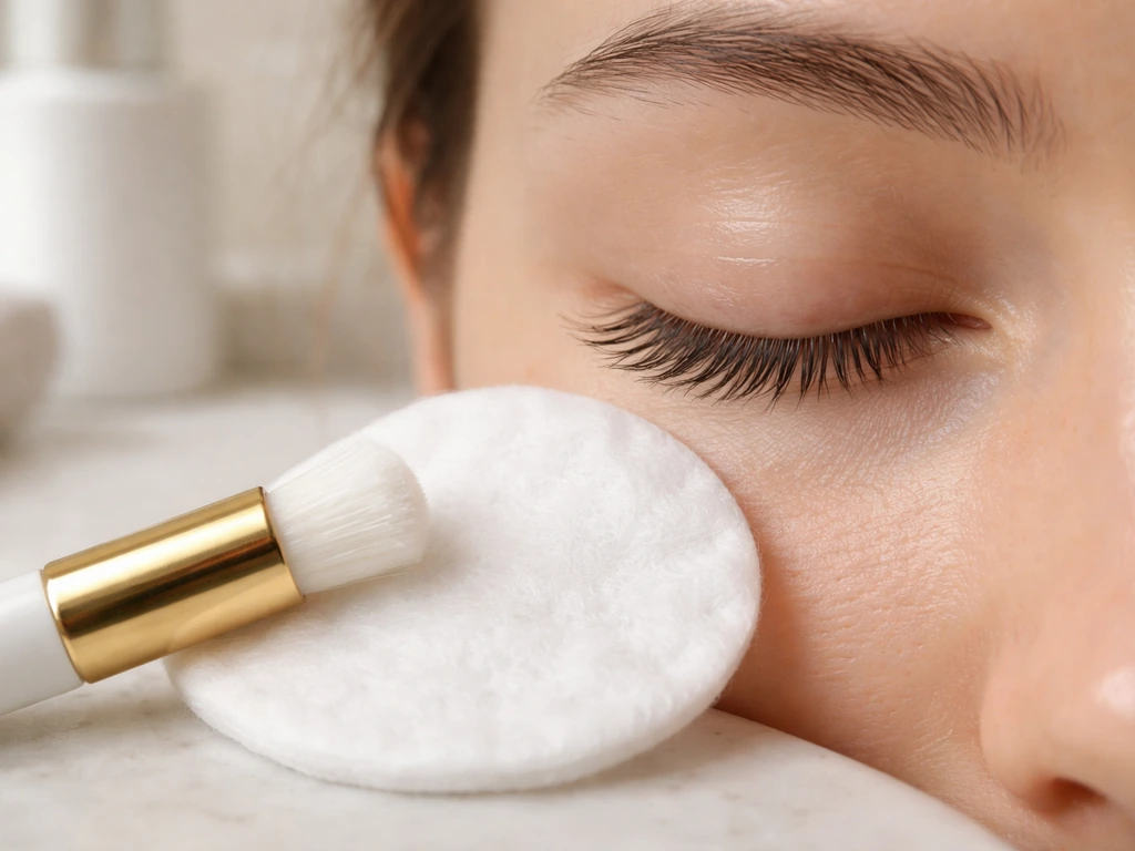 Close-up of a clean eyelash care setup with a cleansing brush and sterile cotton pad near the lash line