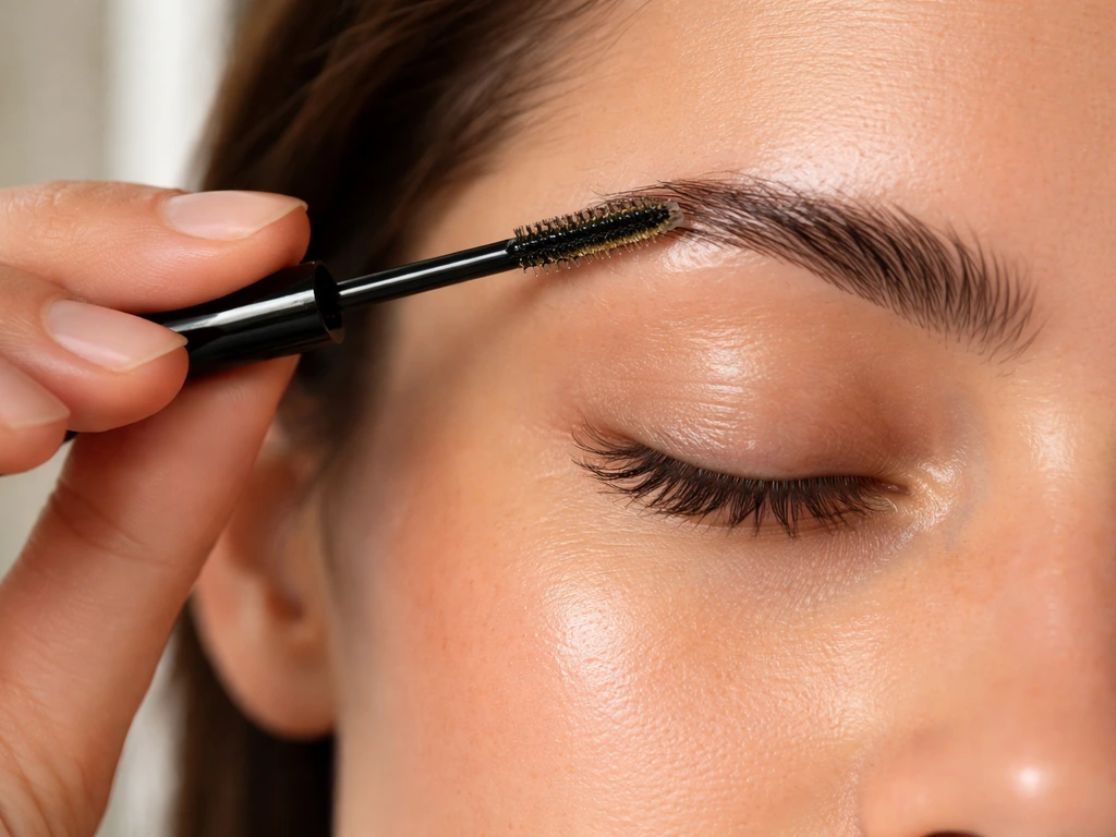 Close-up of a clean mascara wand applying a small amount of oil along the eyebrow/eyelash line.