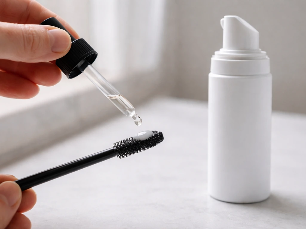 Close-up of a minoxidil foam and dropper beside a simple eyebrow application tool on a clean counter