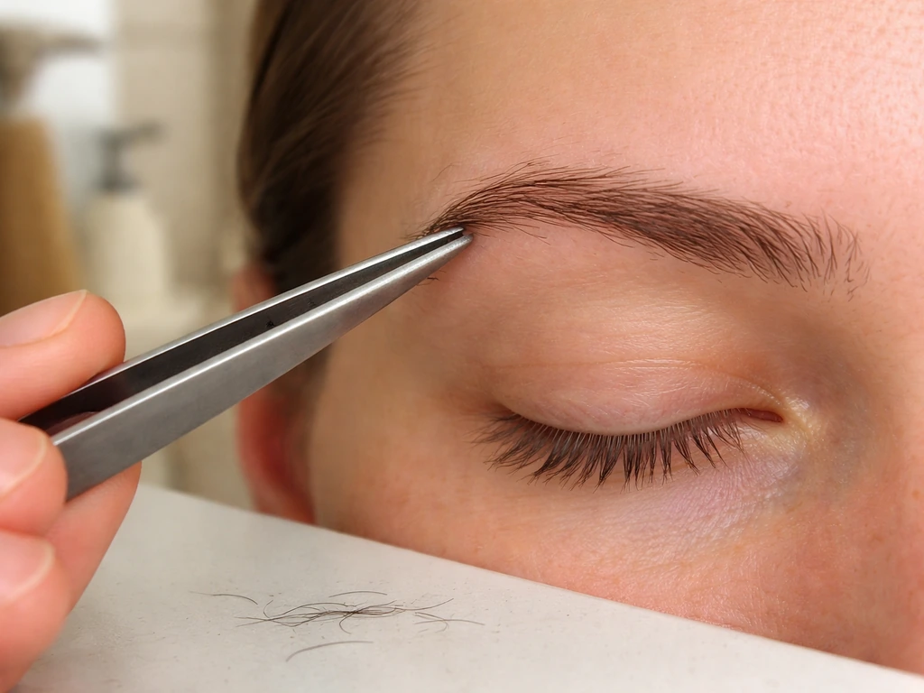 Close-up of tweezers plucking an eyebrow hair, showing uneven over-tidied brows.
