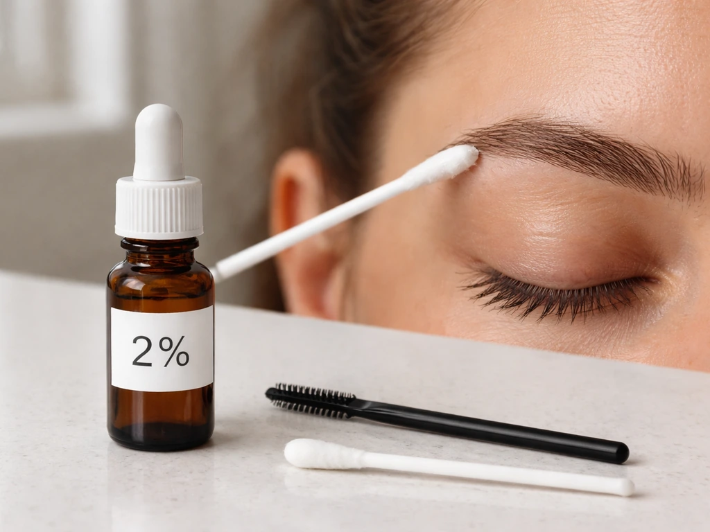 Close-up of applying 2% minoxidil near an eyebrow with a cotton swab applicator in natural light.