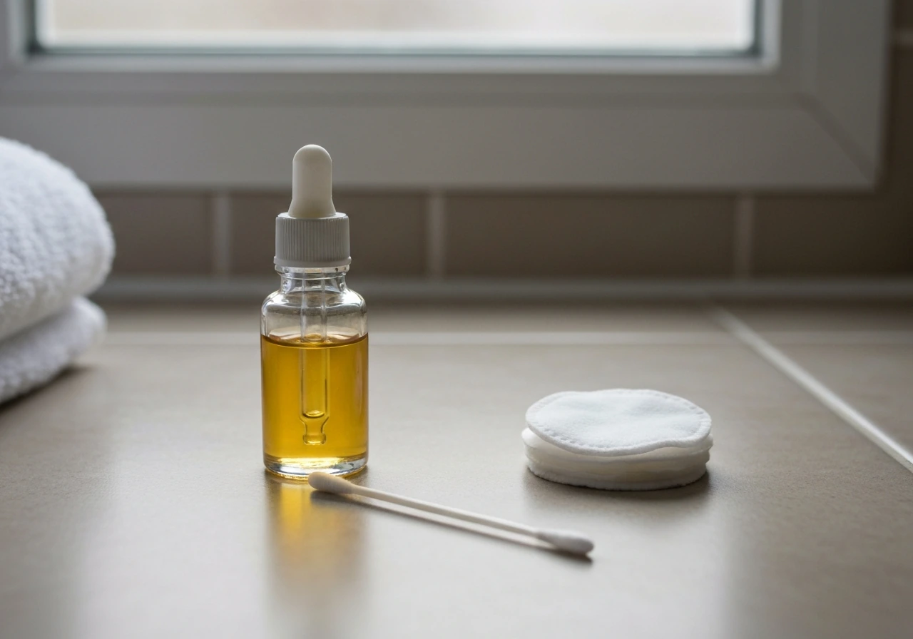 Castor oil and diluted rosemary oil in small containers with cotton pads and a clean applicator on a bathroom counter.