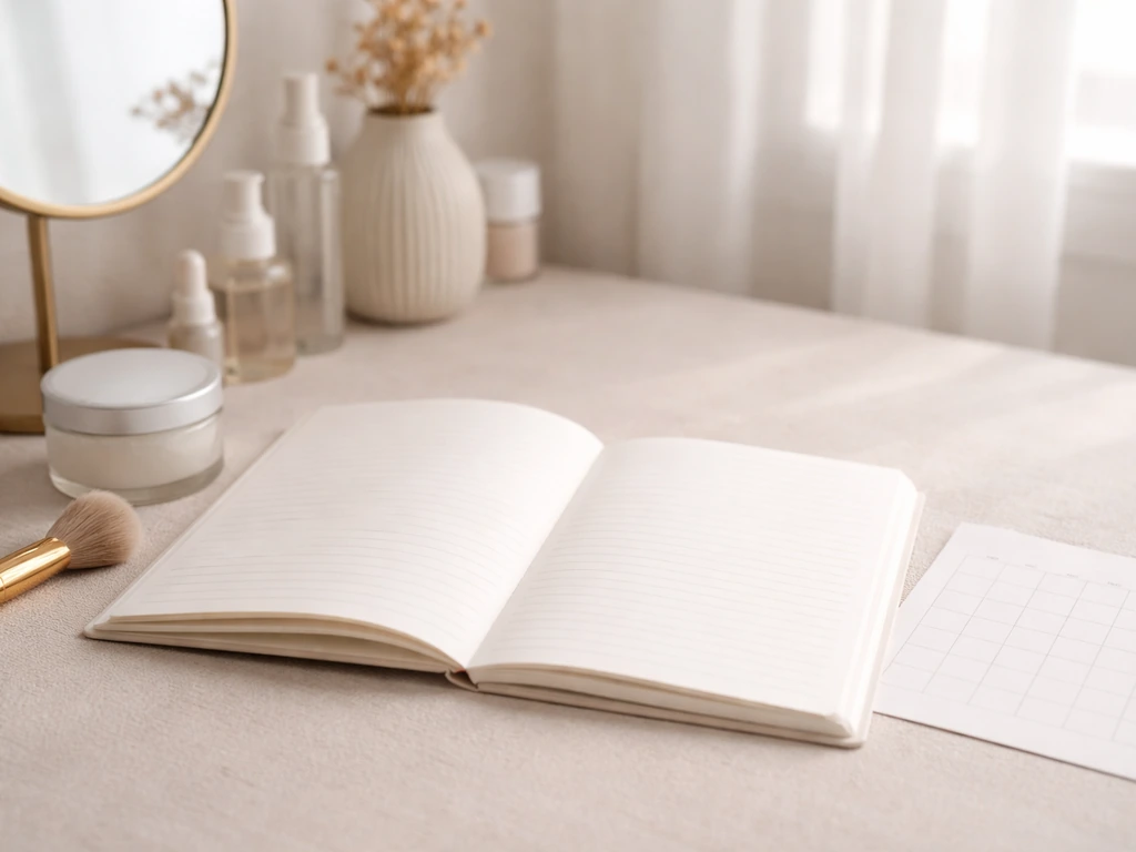 Close-up of an uncluttered desk with an empty skincare planner page and a muted calendar grid, no text