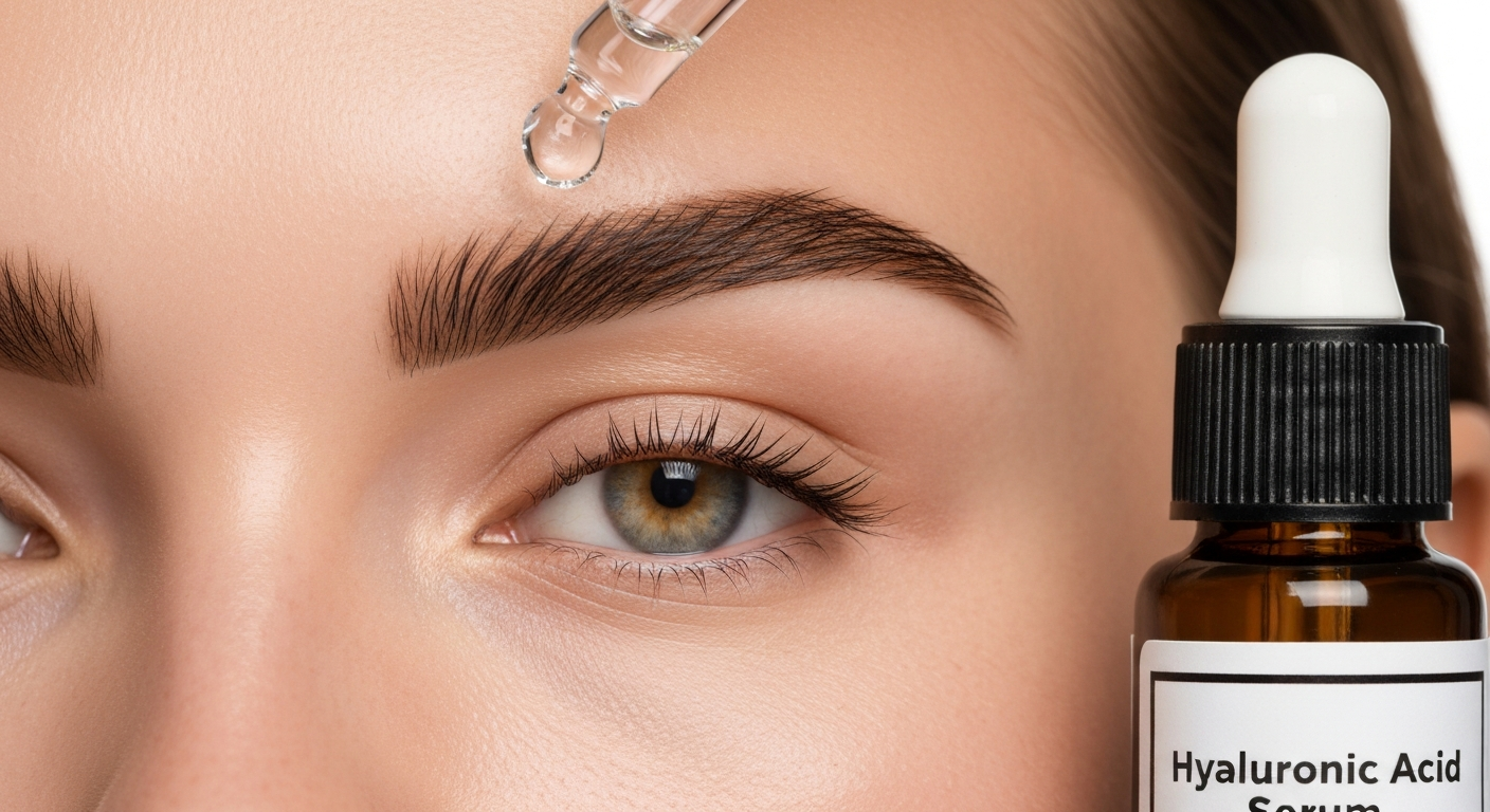 Close-up of eyebrows with a hyaluronic acid serum dropper near the brow.