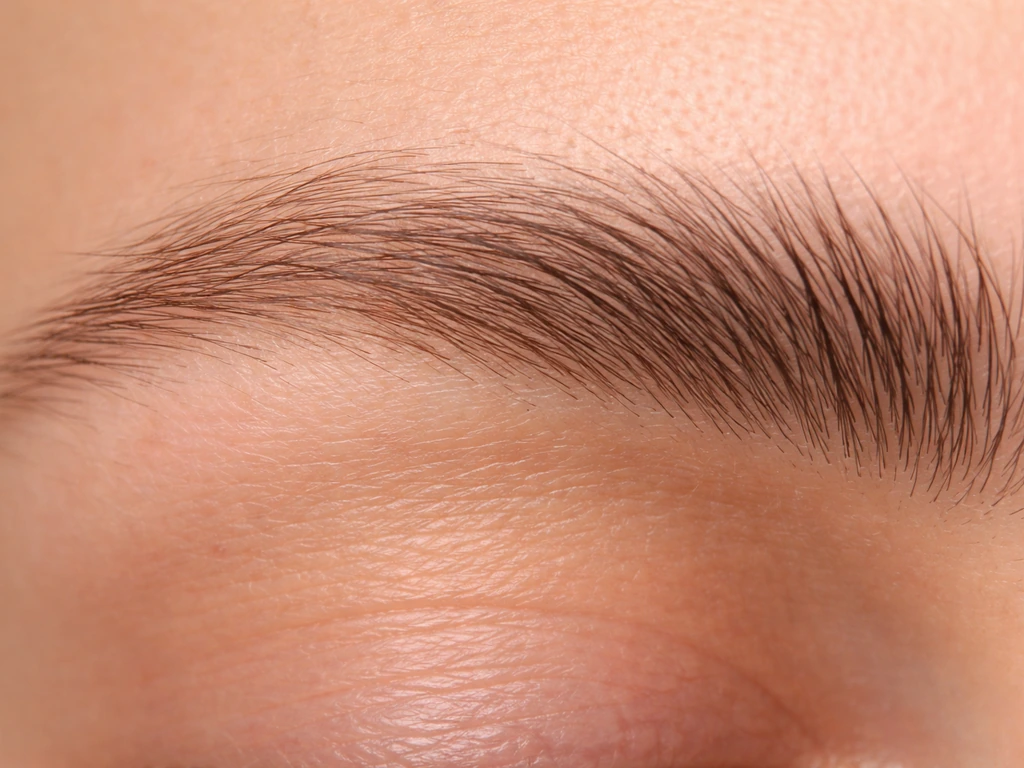 Macro close-up of eyebrow hairs showing varied color depth and sparse versus fuller areas.