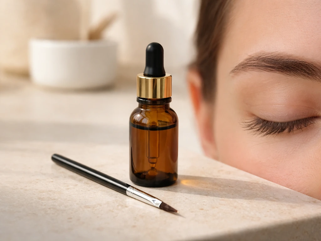 Amber castor oil bottle with a small brow applicator/brush beside a subtle eyebrow area close-up.