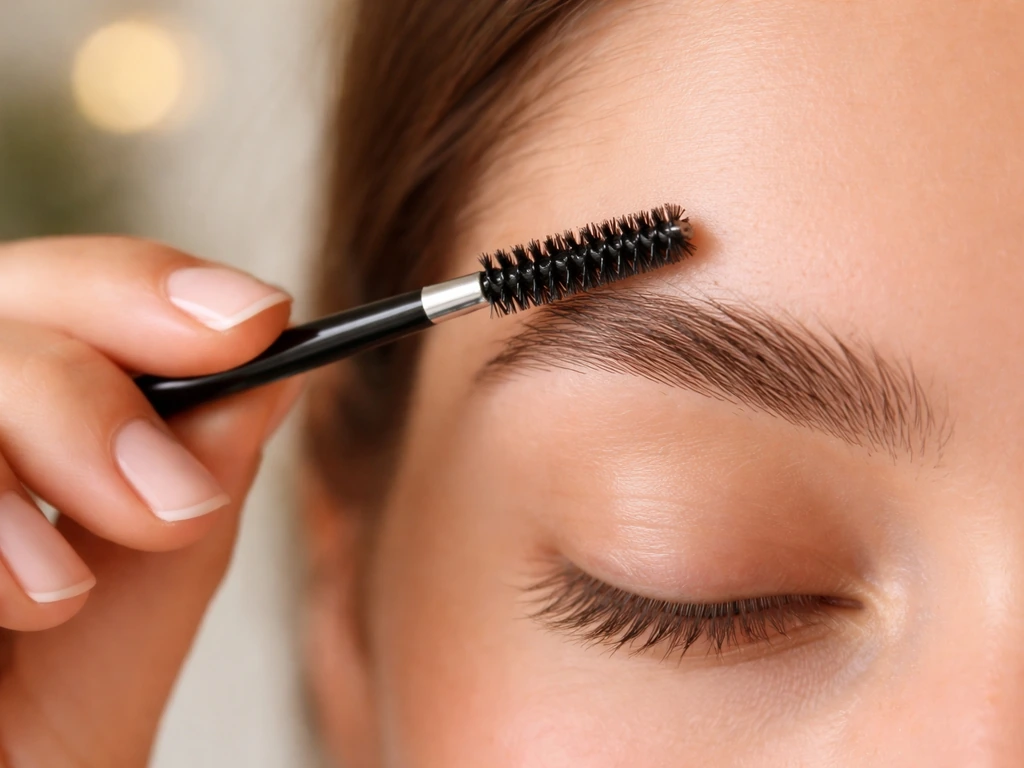 Close-up of a spoolie brush brushing eyebrows upward and outward for a fuller, darker look.