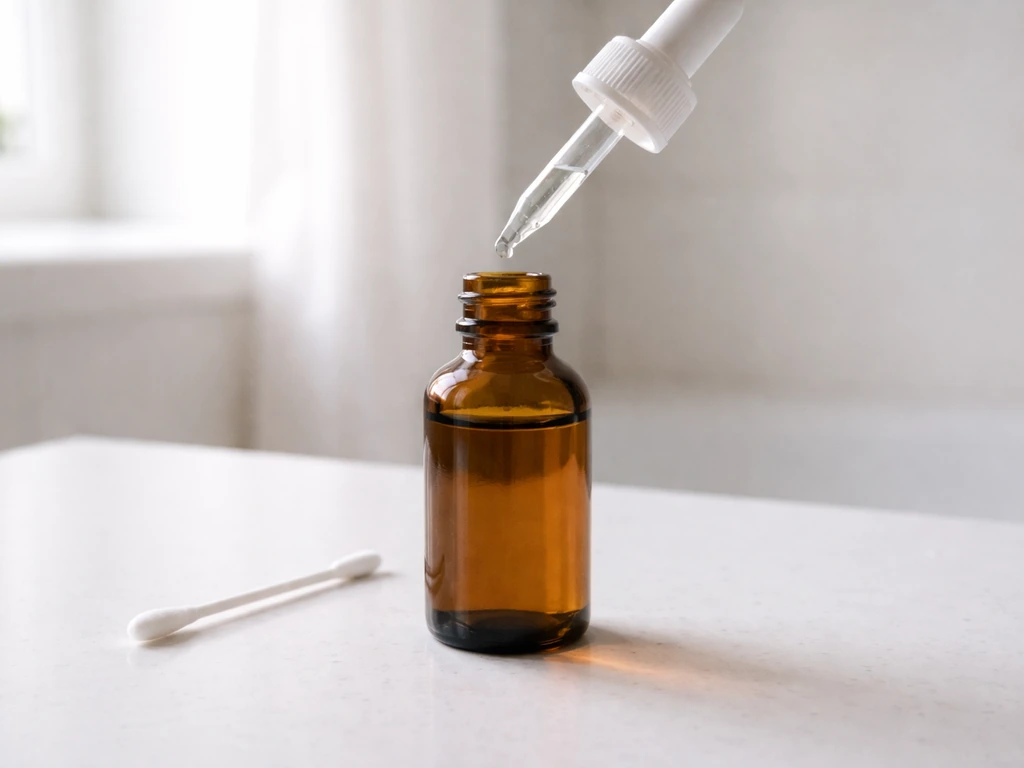 Minoxidil 2% solution bottle on a bathroom counter with cotton swab and dropper poised to apply.