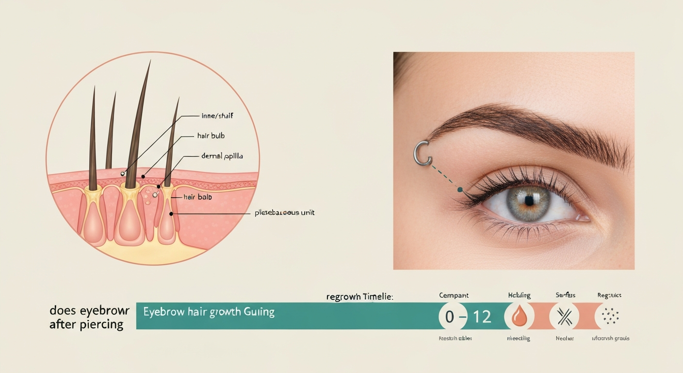 Illustrated collage: eyebrow follicle cross-section, an eyebrow with a surface piercing, and a 0–12 month regrowth timeline.