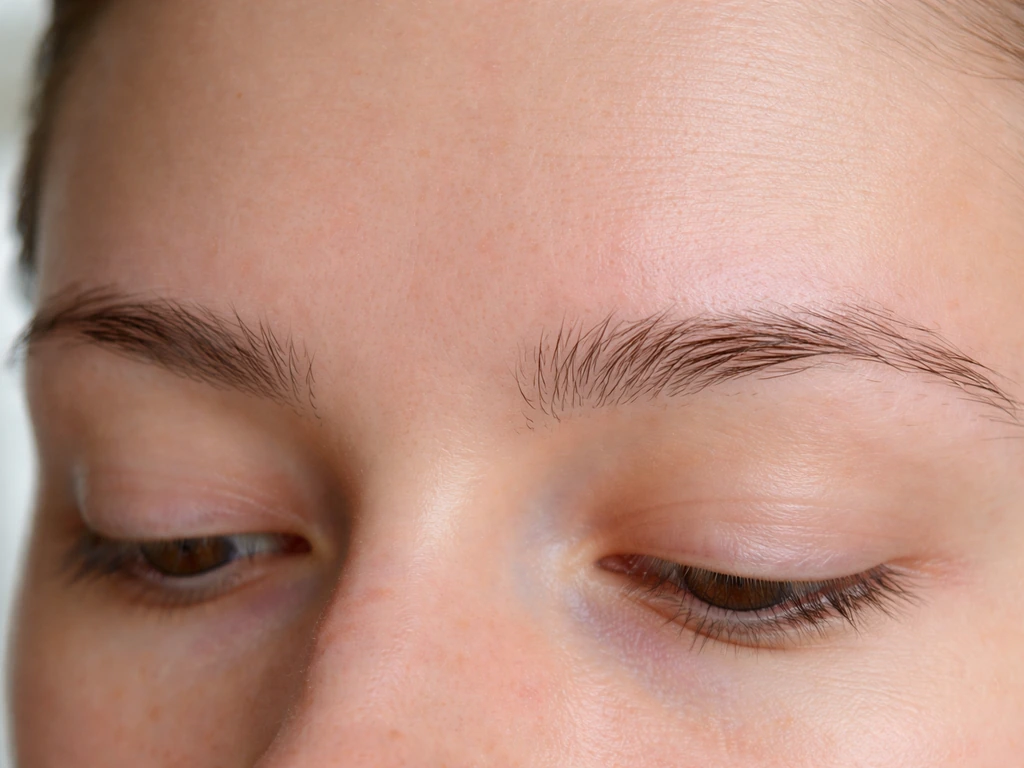 Close-up before photo of eyebrows with patchy, thin areas and a few visible overplucked gaps
