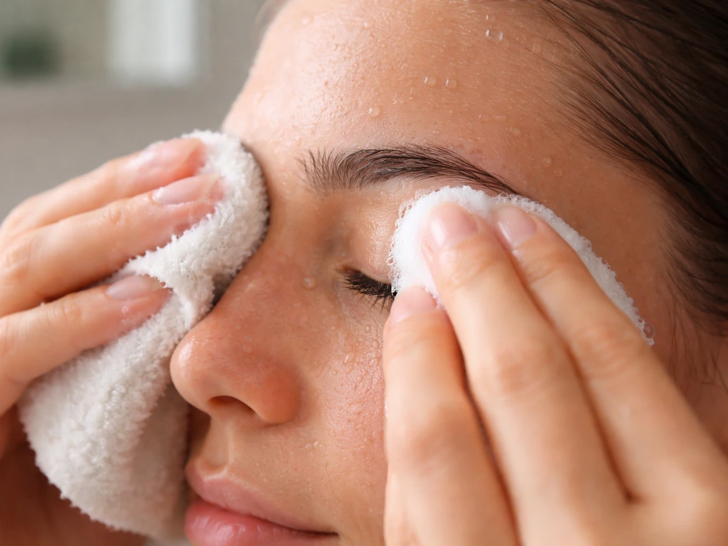Anonymous hands using a damp cloth and gentle cleanser to clean under the brows at a bathroom sink.