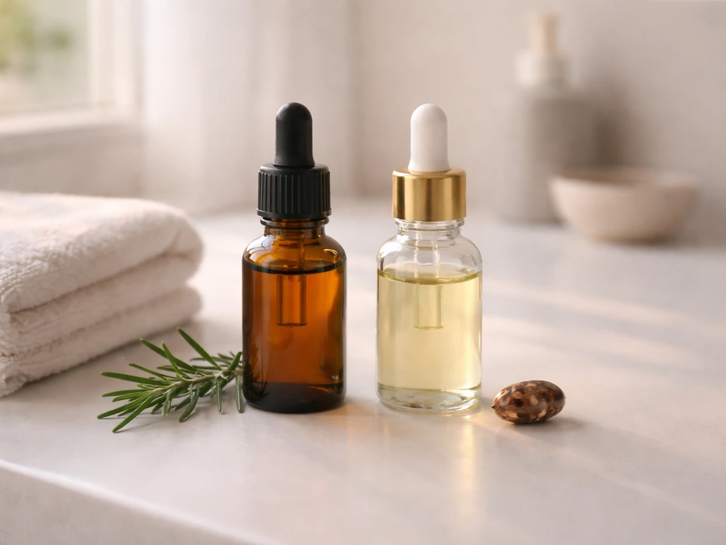 Two small glass bottles of natural oils on a bathroom counter with a few rosemary sprigs beside them.