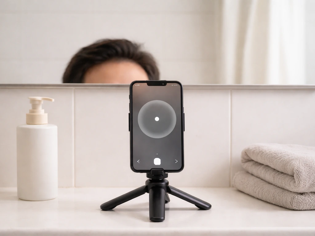 Smartphone photographing a person’s brow area in a bathroom mirror using a timer for consistent progress tracking.