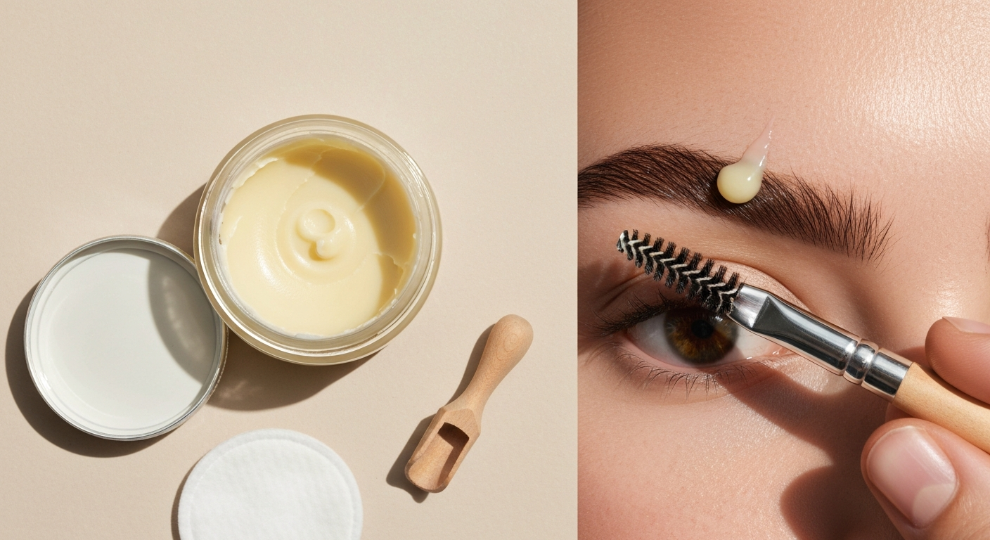 Close-up beauty photo of eyebrow being treated with shea butter from an open jar, spoolie applying product.