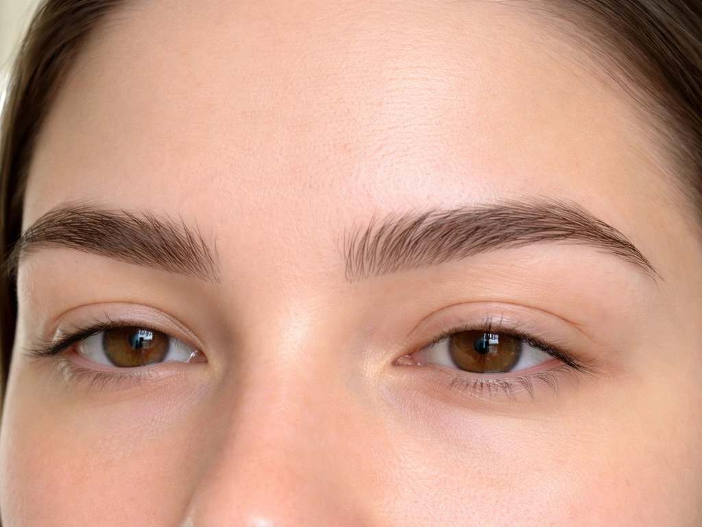 Close-up of neatly groomed eyebrows with subtle weekly and monthly growth cues in soft lighting.