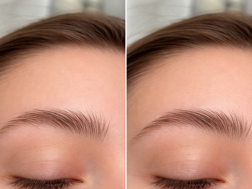 Split view showing eyebrow regrowth after 7 days vs 30 days, consistent lighting, minimal bathroom setup.