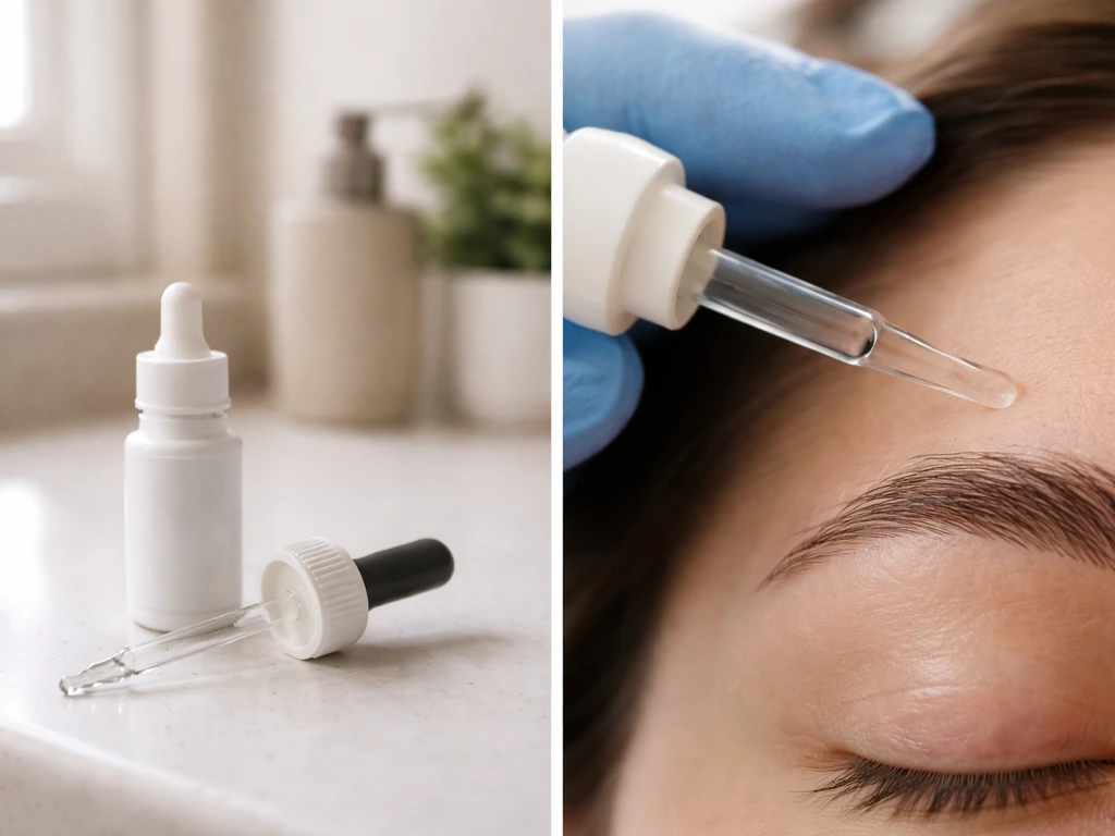 Close-up of a gloved hand applying minoxidil to an eyebrow area with bottle and dropper nearby.
