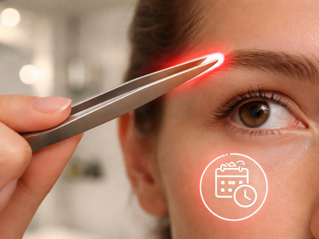 Close-up of tweezers near eyebrows with a non-text warning to avoid over-plucking during a pause period.