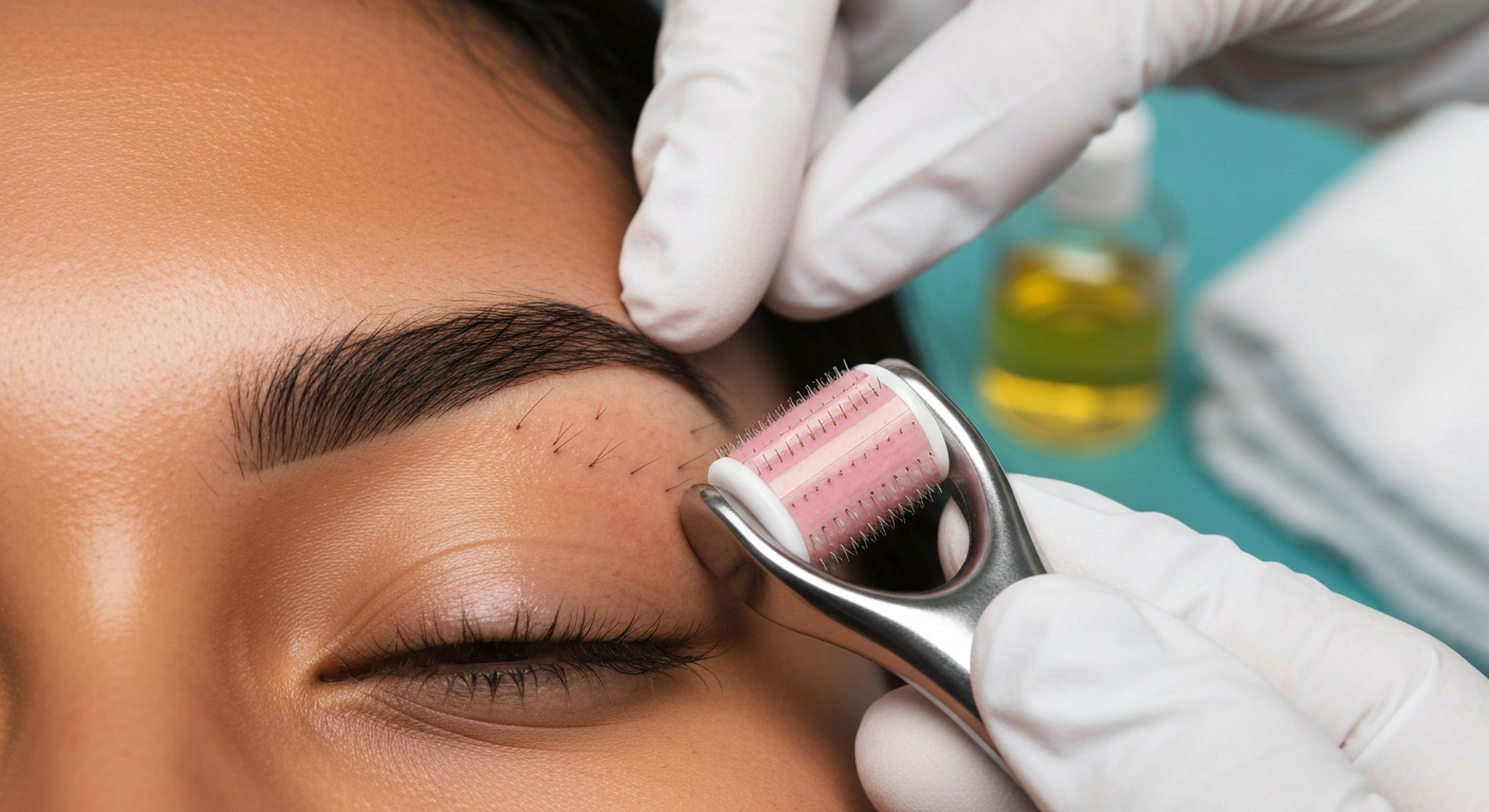 Close-up, clinical-style photo of an eyebrow being treated with a derma roller, showing gentle microneedling near the brow.