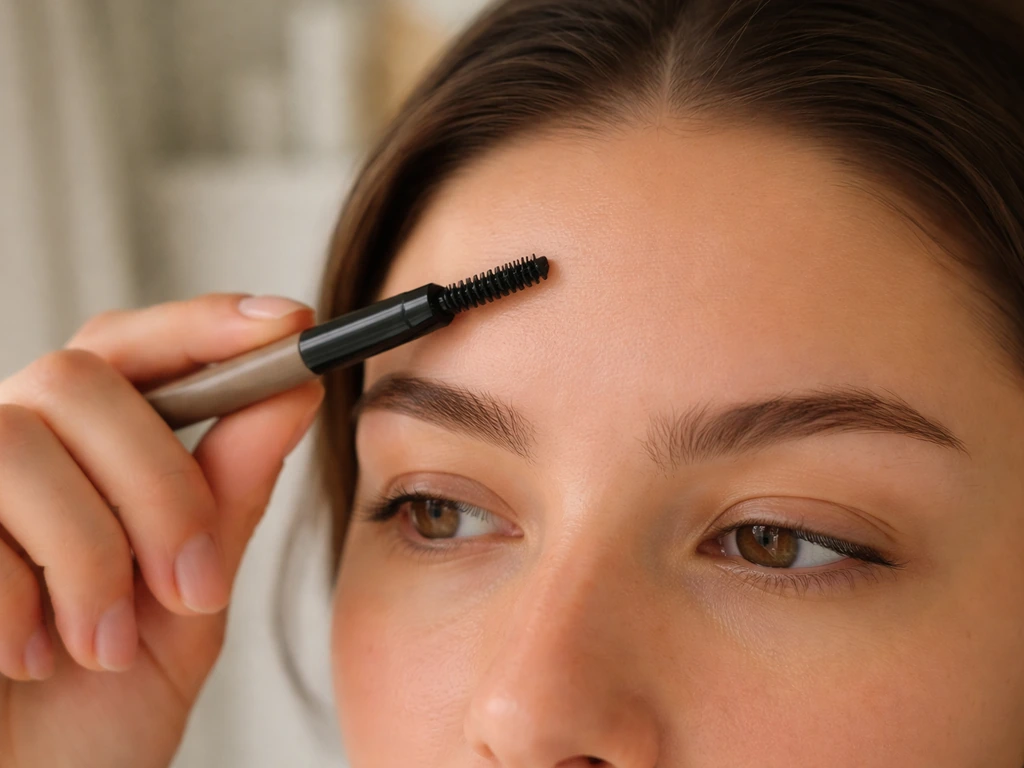 Anonymous person holding a brow pencil/comb above close-up eyebrows to suggest slow regrowth tracking.