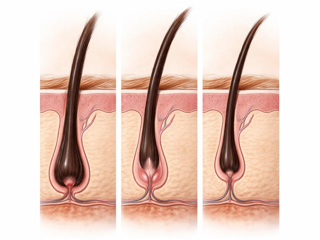Close-up of a single eyebrow hair follicle cross-section with three labeled phases shown as subtle colored panels