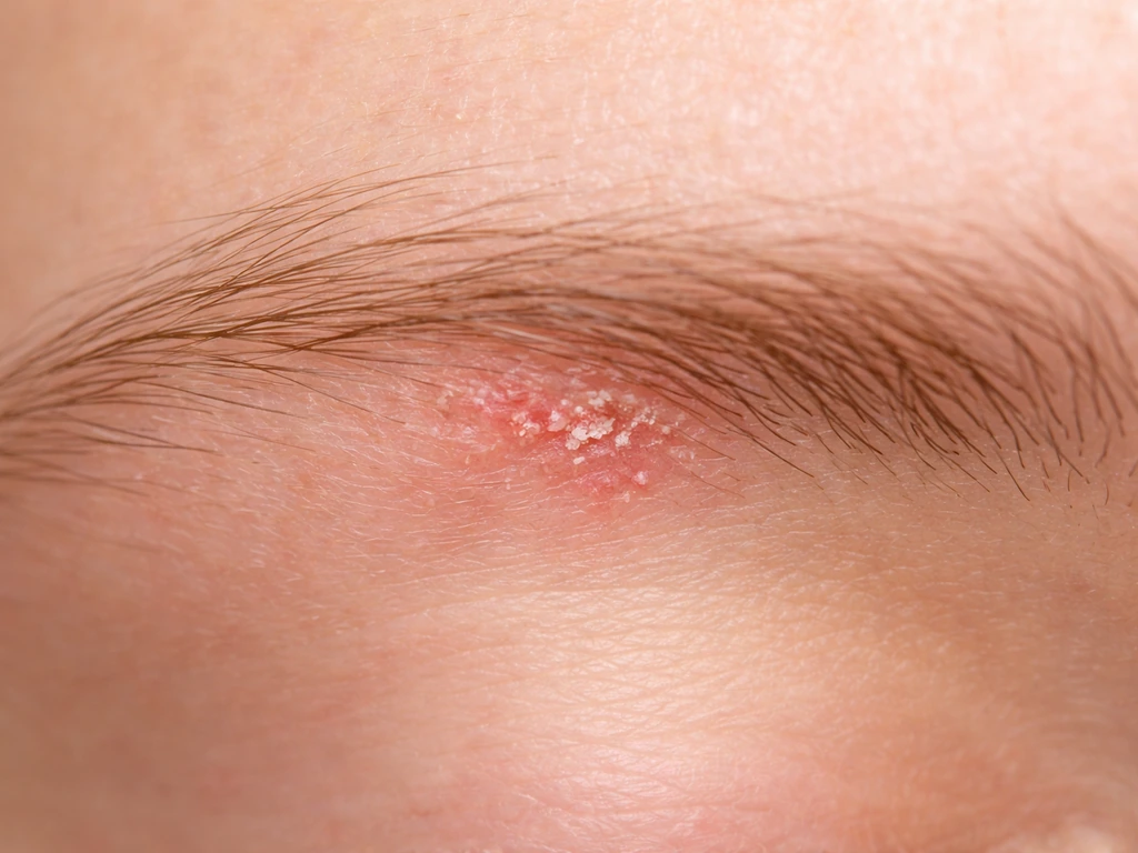 Top-down macro of a small red, flaky eyebrow-area skin patch indicating irritation