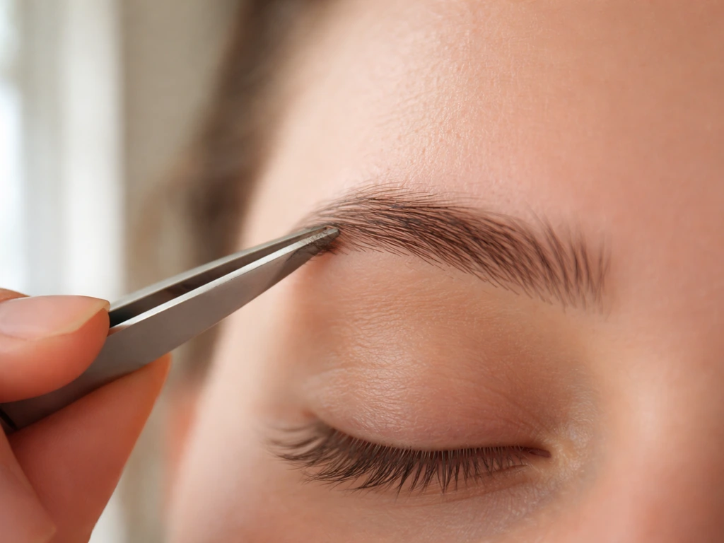 Close-up of tweezers pulling a stray eyebrow hair near a bare brow area, showing sparse gaps