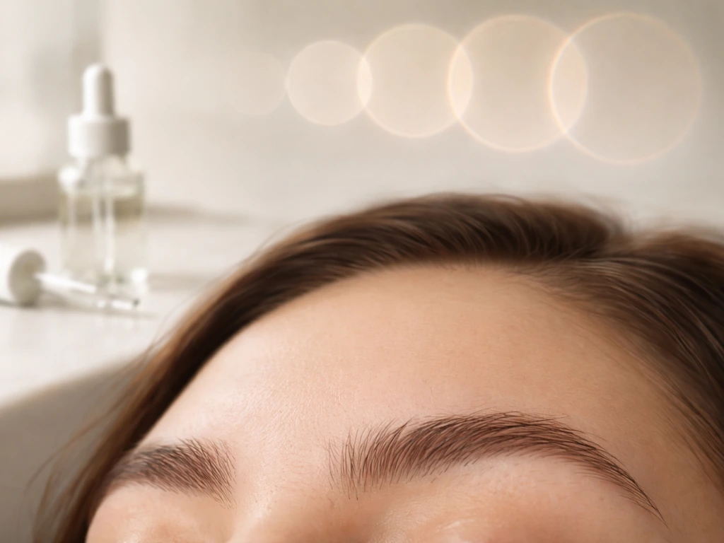 Close-up of eyebrows area with a simple progression of skincare steps in the background