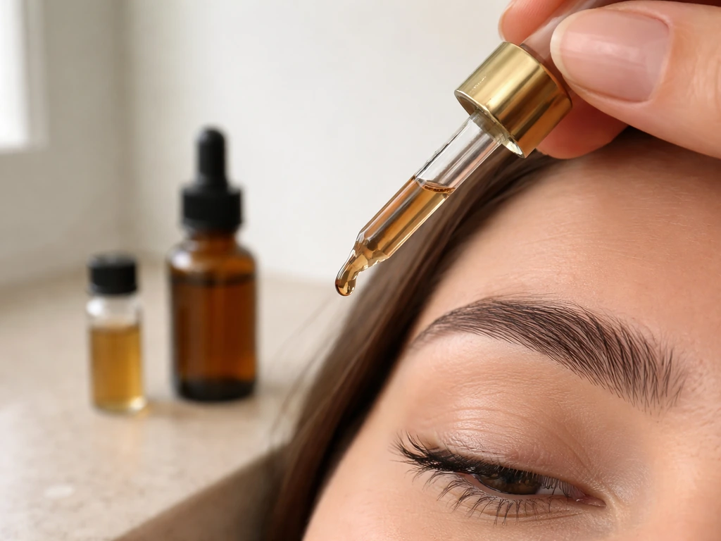 Close-up of a dropper applying brow serum/essential oil to an eyebrow on a clean vanity.