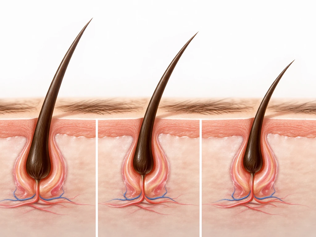 Minimal eyebrow cross-section showing a hair growth cycle with three phases in sequence.
