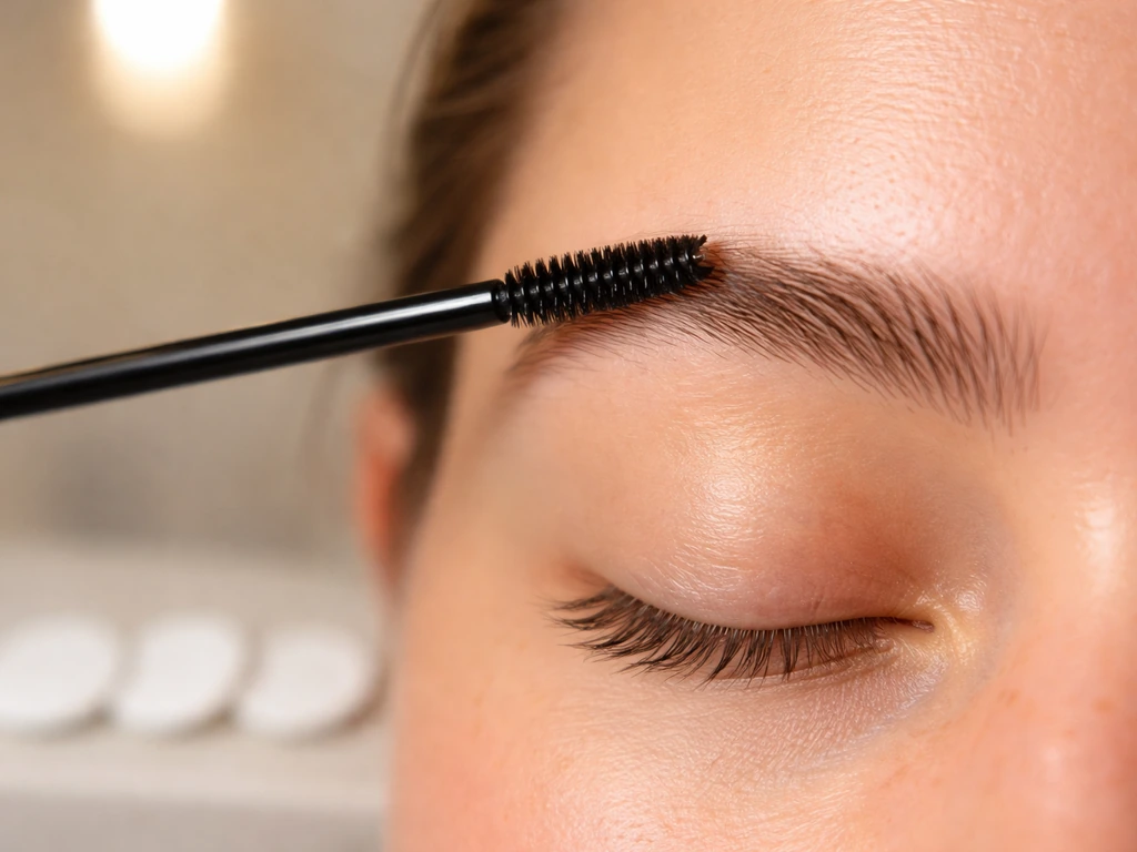 Close-up of an eyebrow grooming scene with soft focus, showing hair regrowth concept cues without text.