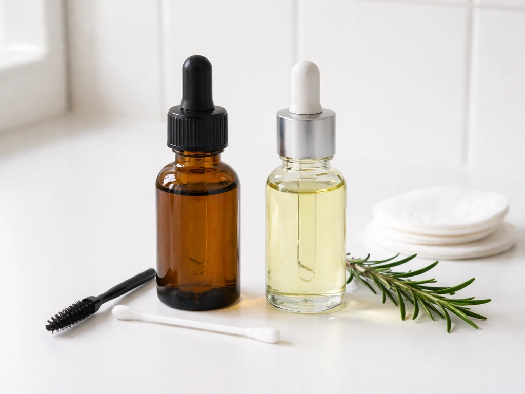 Amber castor oil and pale rosemary oil bottles side by side with a spoolie and cotton swab.