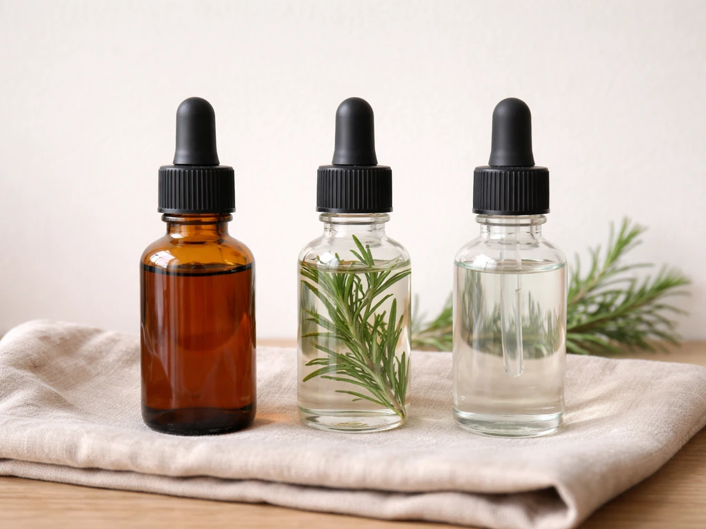 Three unlabeled dropper bottles on a wooden desk: amber castor oil, rosemary oil, and minoxidil represented by clear oil