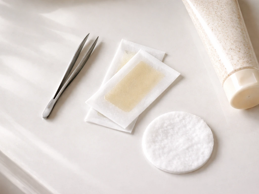 Tweezers, wax strips, and exfoliating products laid out beside a makeup remover pad on a vanity surface.