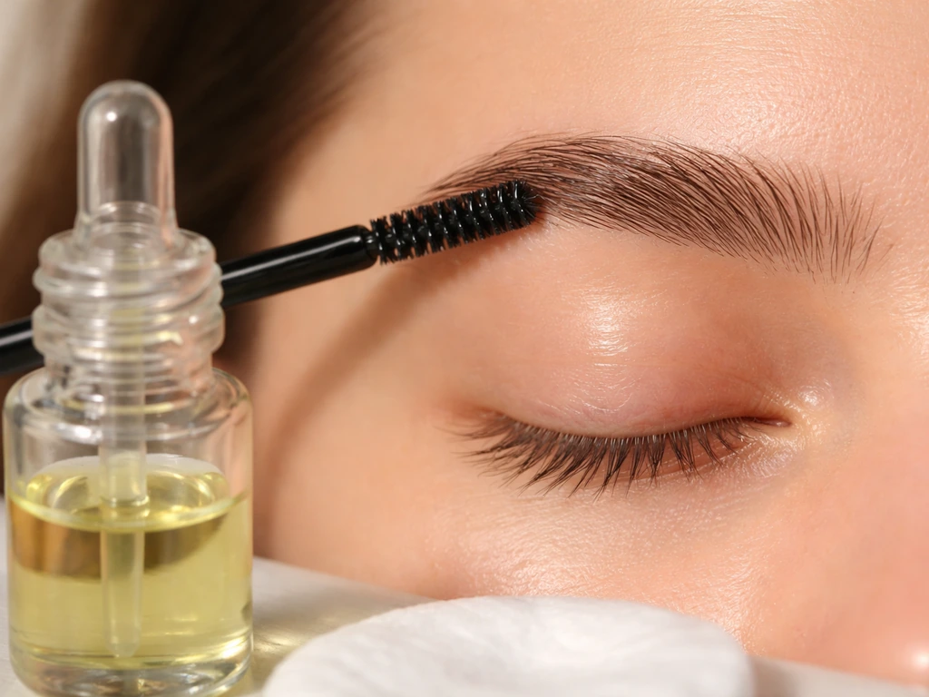 Close-up of castor oil being applied to eyebrow hairs with a spoolie