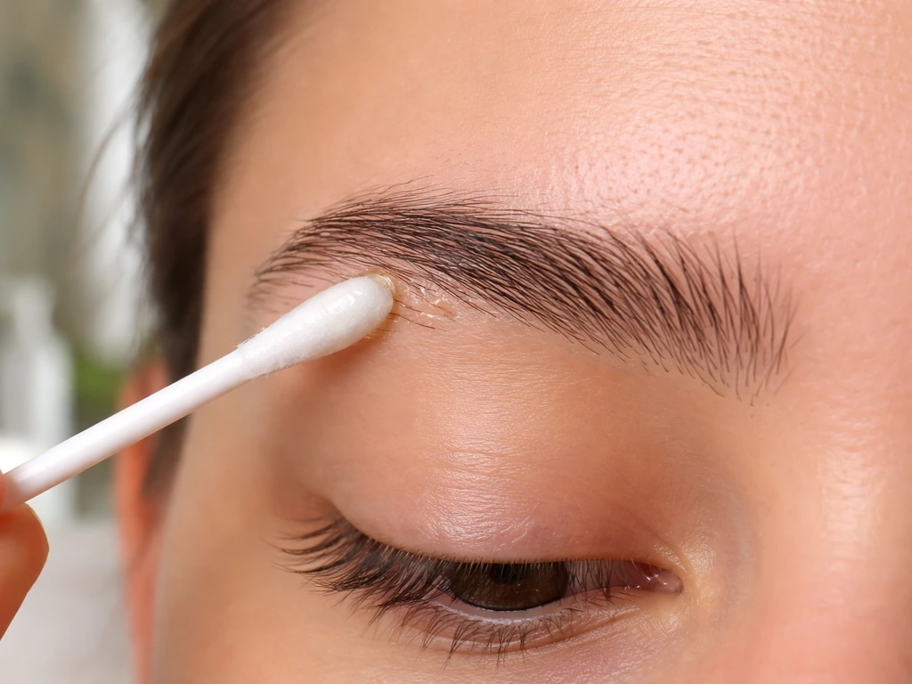 Close-up of a cotton swab precisely dabbing castor oil on sparse eyebrow patches at the inner third.